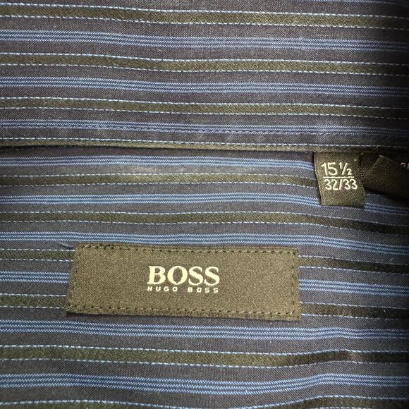 Hugo Boss Dress Shirt Mens 15.5 32/33 Navy Blue Striped 100% Cotton Workwear - Picture 7 of 16